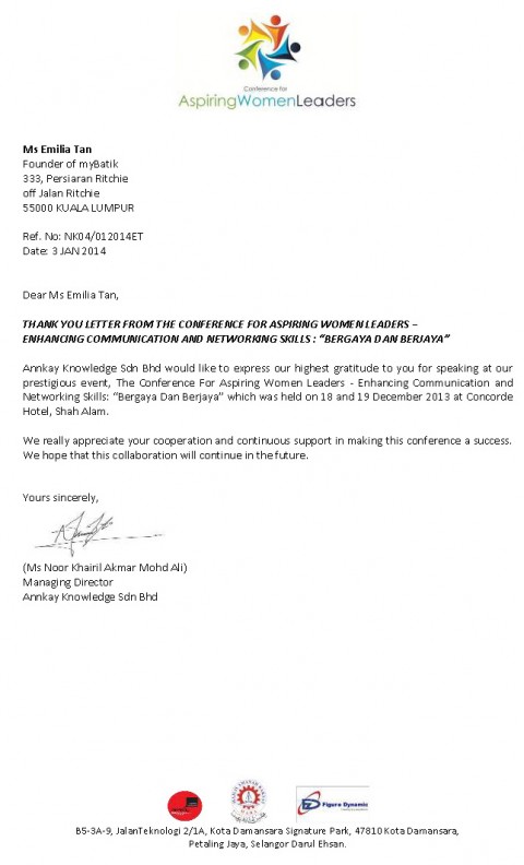 04 January 2014, letter from Aspiring Women Leaders Conference