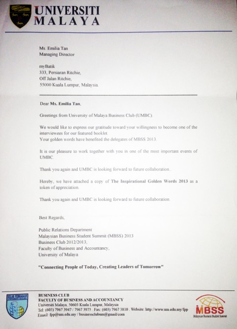 2013 University Malaya Thank you letter